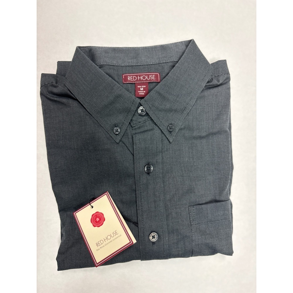 Red House Mens Non-Iron 100% Cotton Button Down Shirt Gray Micro Check Size M